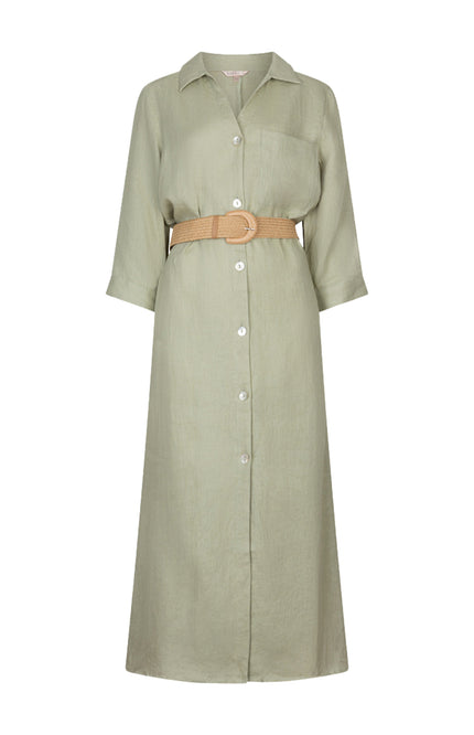 EsQualo Jurk Maxi Belt Linen Soft Green HS26.28228 Stretchshop.nl