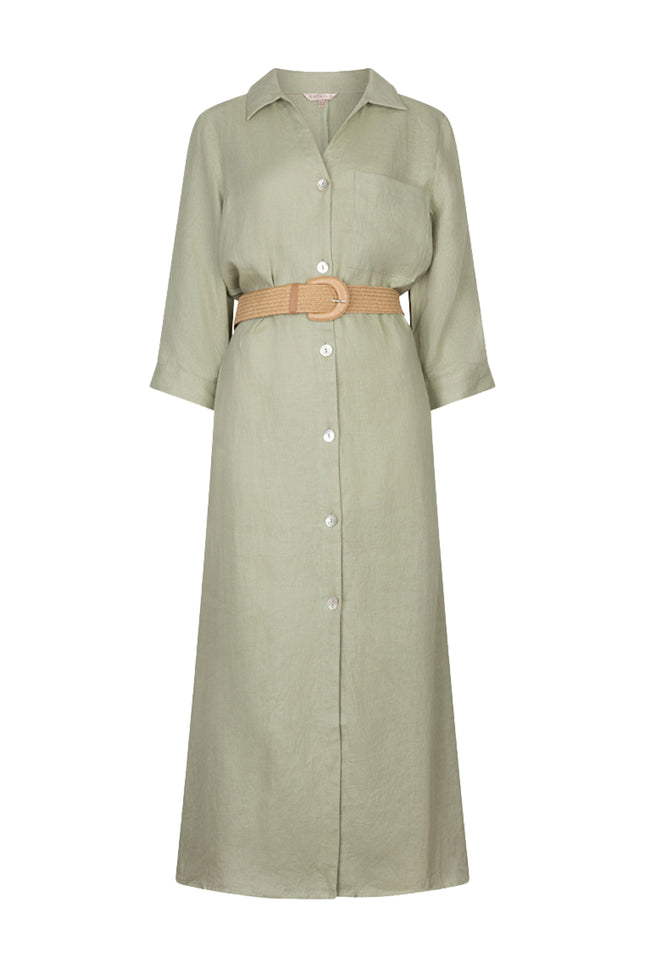 EsQualo Jurk Maxi Belt Linen Soft Green HS26.28228 Stretchshop.nl
