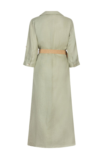 EsQualo Jurk Maxi Belt Linen Soft Green HS26.28228 Stretchshop.nl