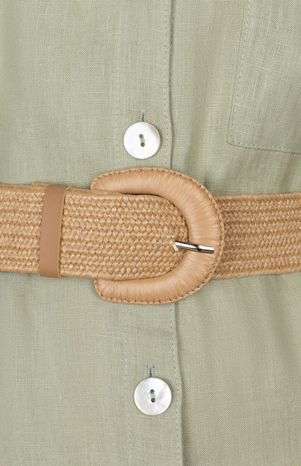 EsQualo Jurk Maxi Belt Linen Soft Green HS26.28228 Stretchshop.nl