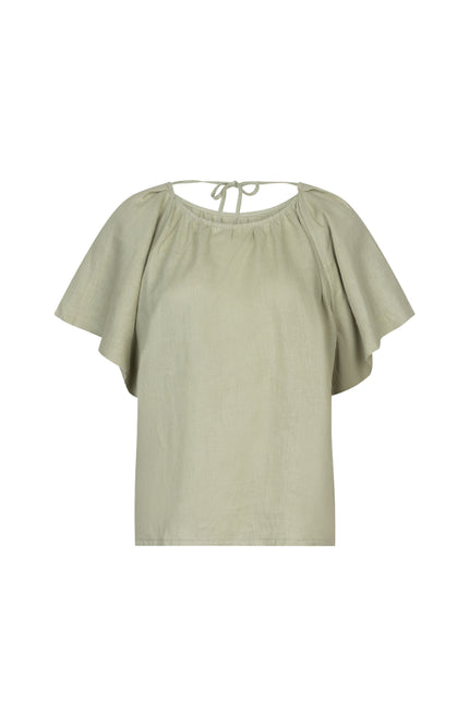 EsQualo Blouse Back Detail Linen Soft Green HS26.28230 Stretchshop.nl