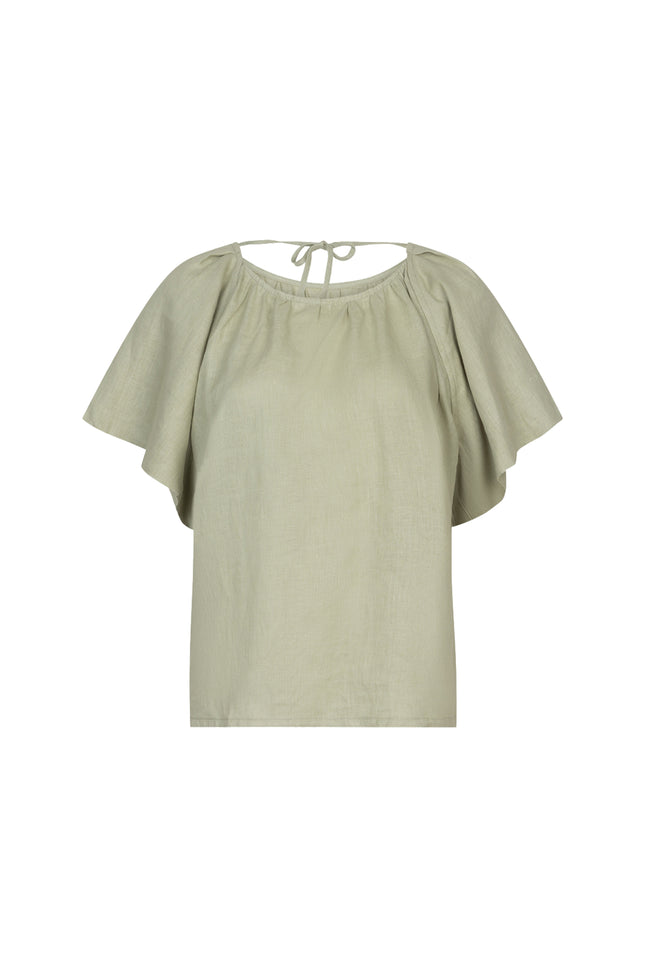 EsQualo Blouse Back Detail Linen Soft Green HS26.28230 Stretchshop.nl