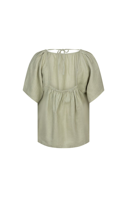 EsQualo Blouse Back Detail Linen Soft Green HS26.28230 Stretchshop.nl