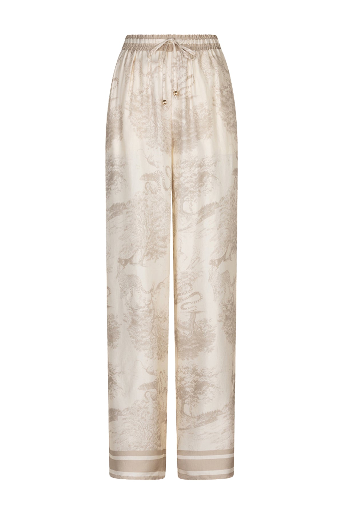 Liefsafari broek met print van EsQualo, modieus en comfortabel, met een opvallend jungleachtig patroon.