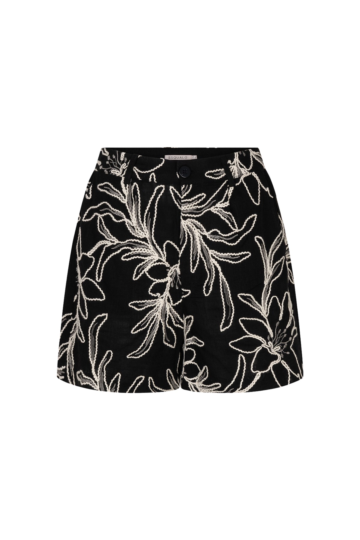 Zwarte EsQualo shorts met bloemenborduursel, casual korte broek met gedetailleerde bloemendecoratie op de voorkant.