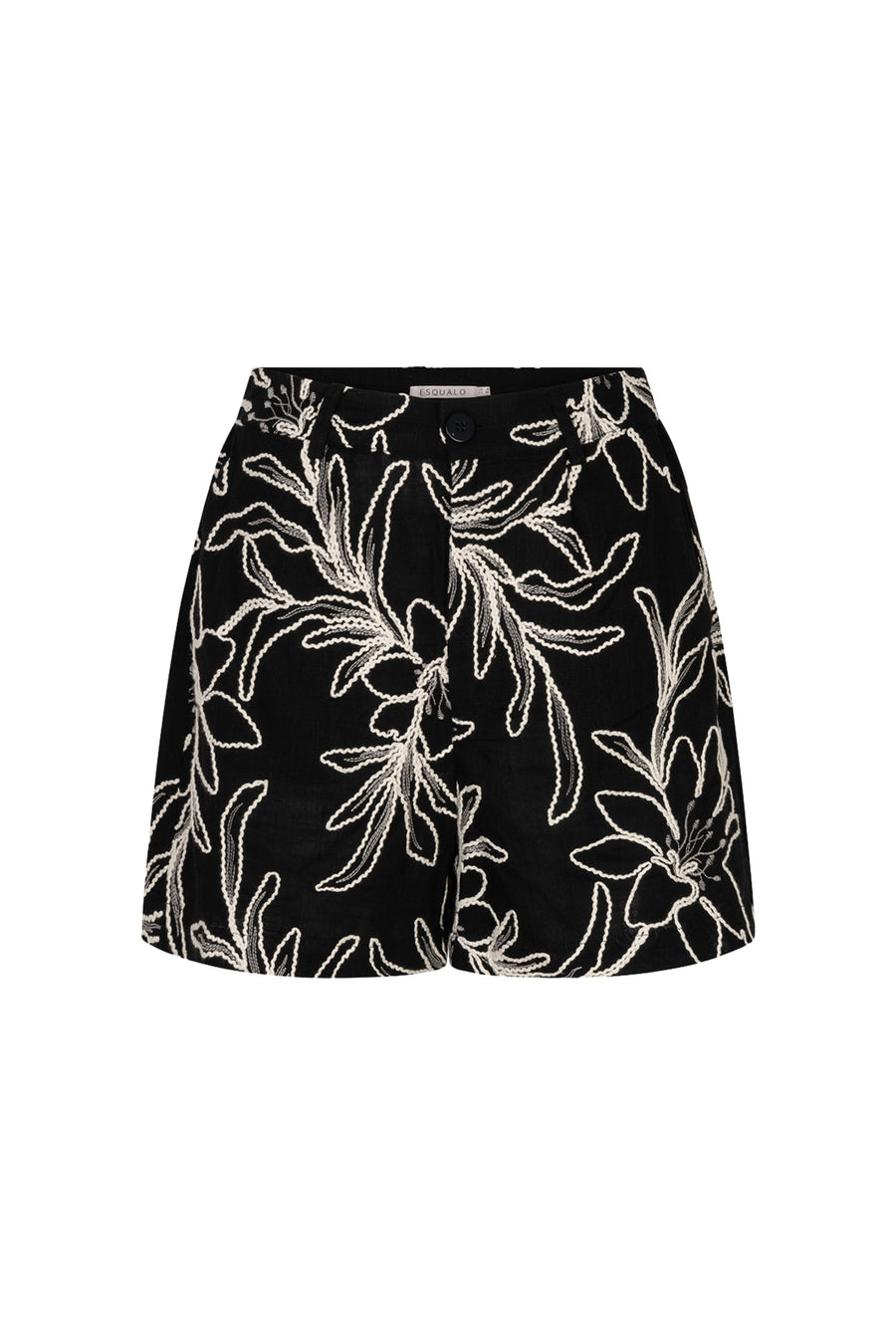 Zwarte EsQualo shorts met bloemenborduursel, casual korte broek met gedetailleerde bloemendecoratie op de voorkant.