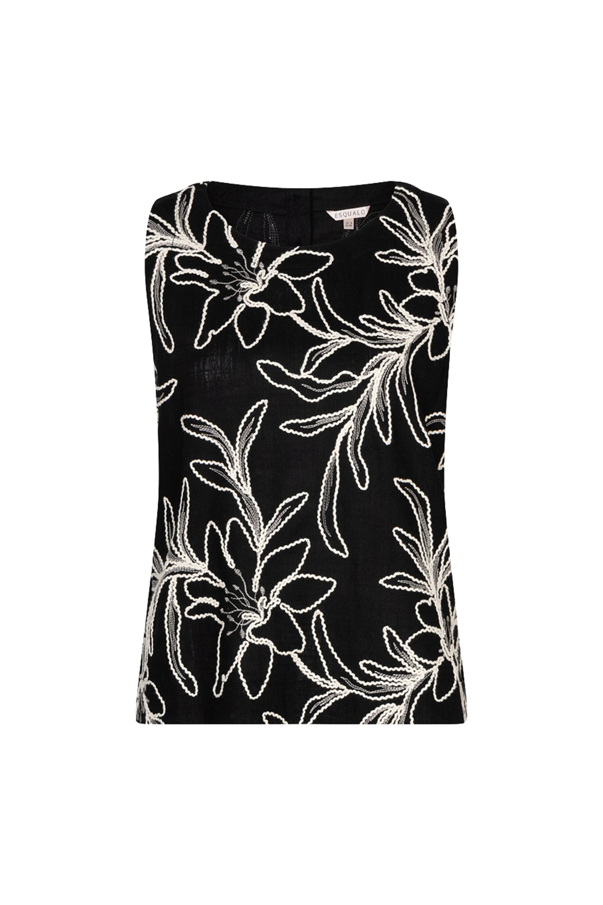 Zwart top van EsQualo met bloemenborduursel, modieus en comfortabel, getoond op een model.