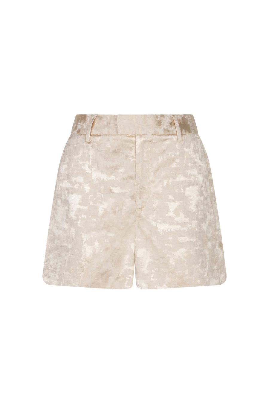 LARISSA Short Jacquard Natural EsQualo, gedetailleerd jacquard patroon, elegante dameskleding, natuurlijke tinten, close-up van de stof.