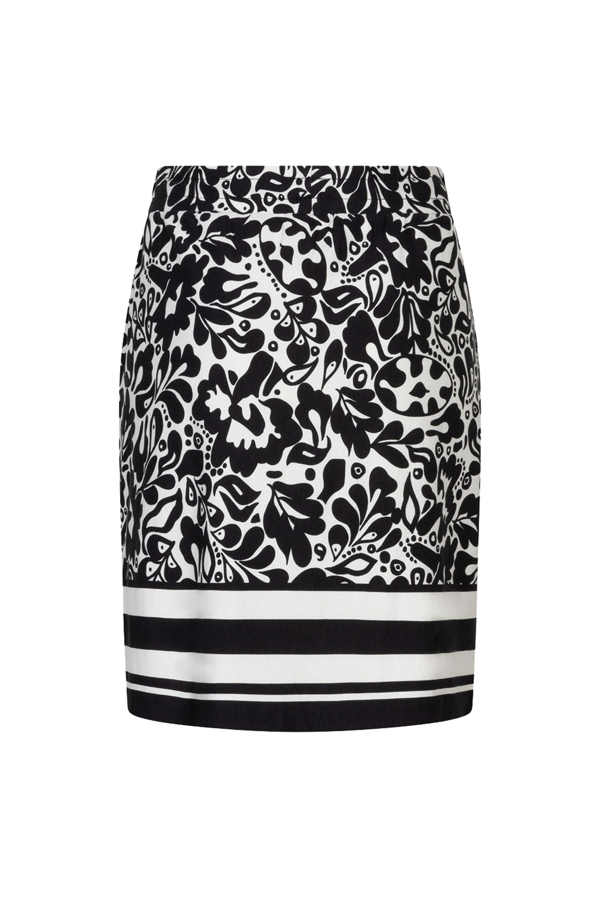 Gouden print rok van EsQualo, model Larissa, met elegante print en midi-lengte, gedragen door een model op de foto.