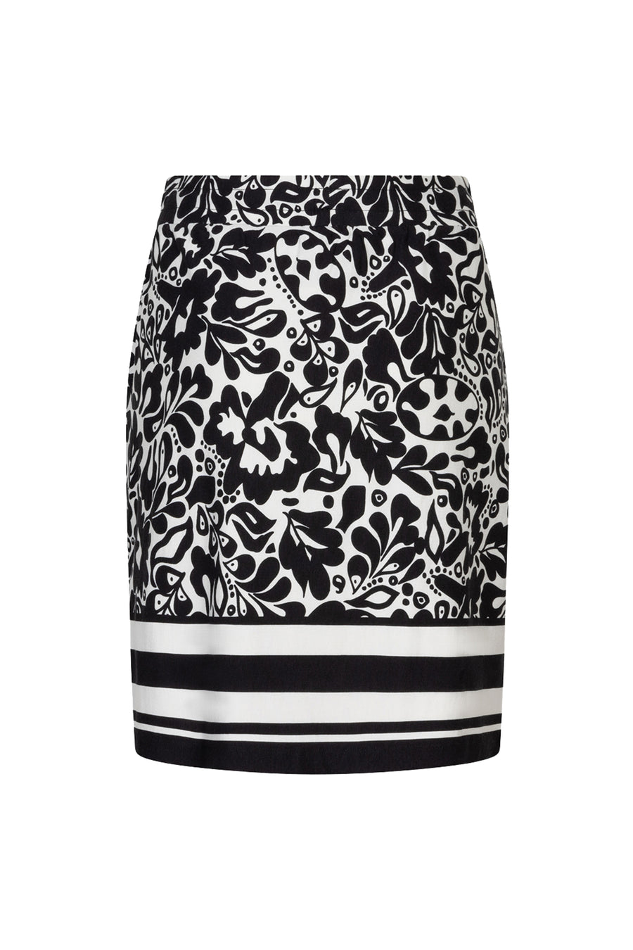 Gouden print rok van EsQualo, model Larissa, met elegante print en midi-lengte, gedragen door een model op de foto.