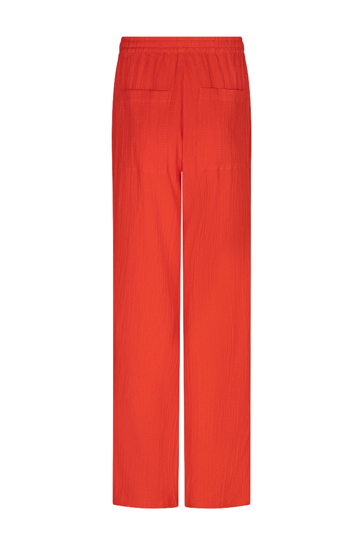 Rode crinkle broek van EsQualo, model Fancy Crinkle HS26.10235, met losse pasvorm en elastische tailleband.
