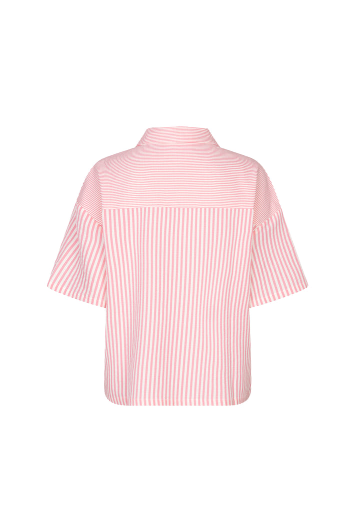 Offwhite en roze blouse met contraststrepen van EsQualo, stijlvolle damesblouse met elegante details.