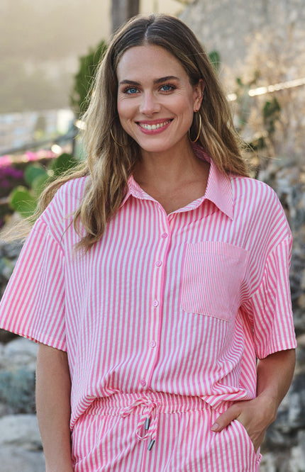 EsQualo Blouse Contrast Stripe Offwhite Pink HS26.15202 Stretchshop.nl