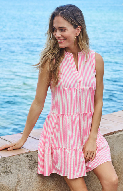 EsQualo Jurk Skater Striped Offwhite Pink HS26.15204 Stretchshop.nl