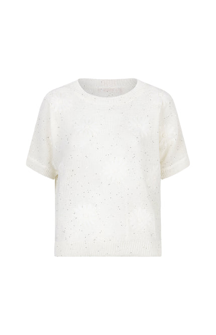 EsQualo Sweater Embroidery Flowers Offwhite HS26.02220 Stretchshop.nl