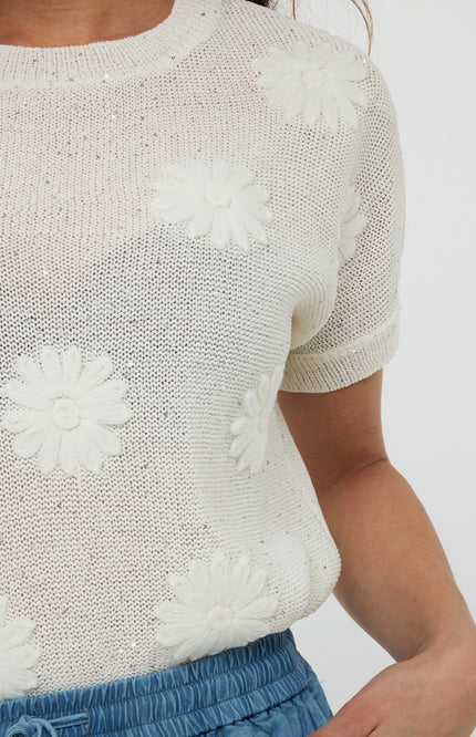 EsQualo Sweater Embroidery Flowers Offwhite HS26.02220 Stretchshop.nl