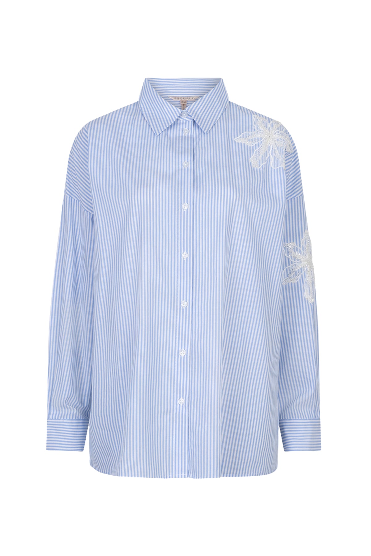 Witte en blauwe gestreepte blouse met bloempatches van EsQualo, stijlvolle damesblouse met bloemen en strepen.