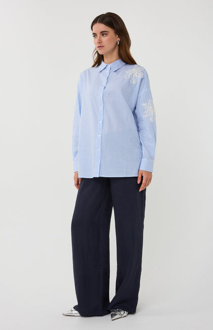 EsQualo Blouse Striped Flower Patch White Blue SP26.14028 Stretchshop.nl