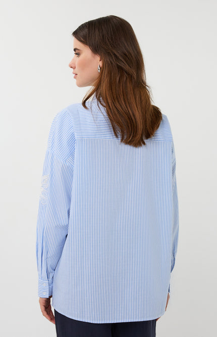 EsQualo Blouse Striped Flower Patch White Blue SP26.14028 Stretchshop.nl
