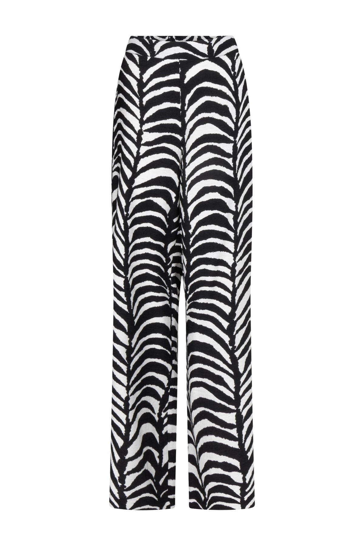 Tramontana Palm Eclipse print broek in zwart, casual damesmode met opvallend patroon, model Lara, voor dagelijks gebruik.