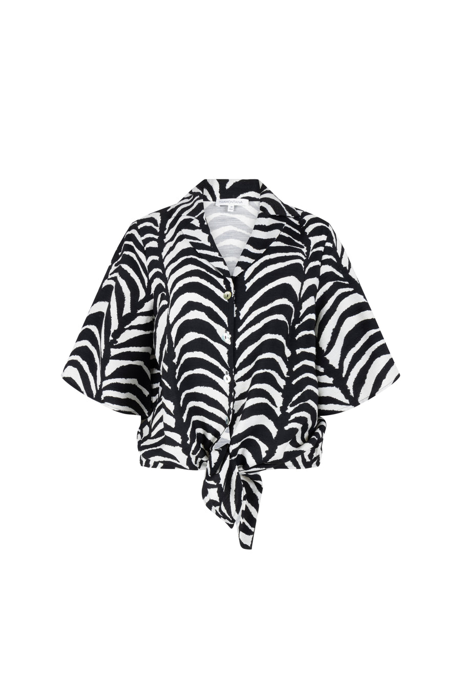 Blouse Tramontana Palm Eclipse Print zwart met kleurrijke bloemen, korte mouwen en losse pasvorm.