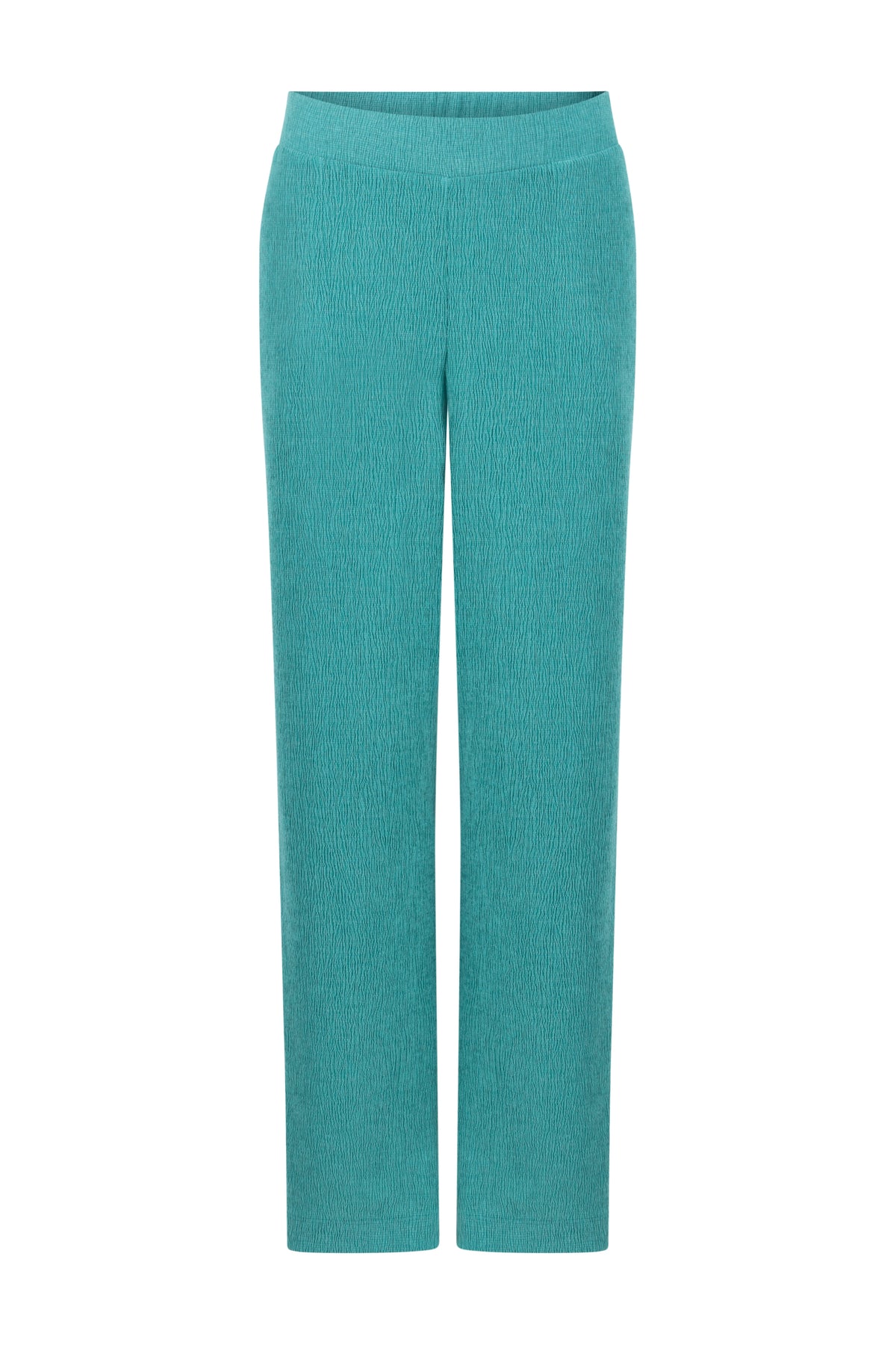 Crinkled diepe aqua blauwe Tramontana broek met comfortabele pasvorm en elastische taille, op de afbeelding te zien.