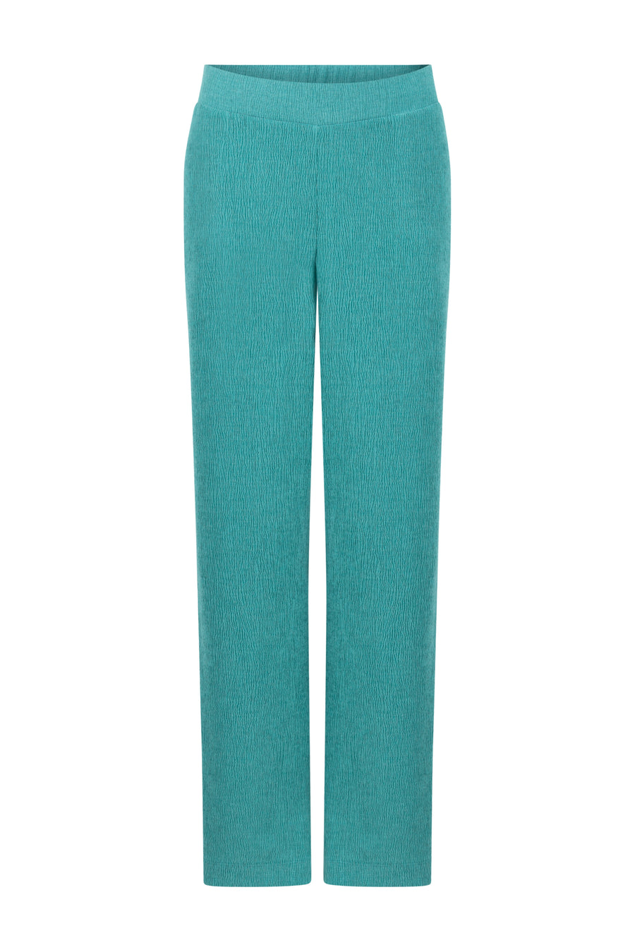 Crinkled diepe aqua blauwe Tramontana broek met comfortabele pasvorm en elastische taille, op de afbeelding te zien.