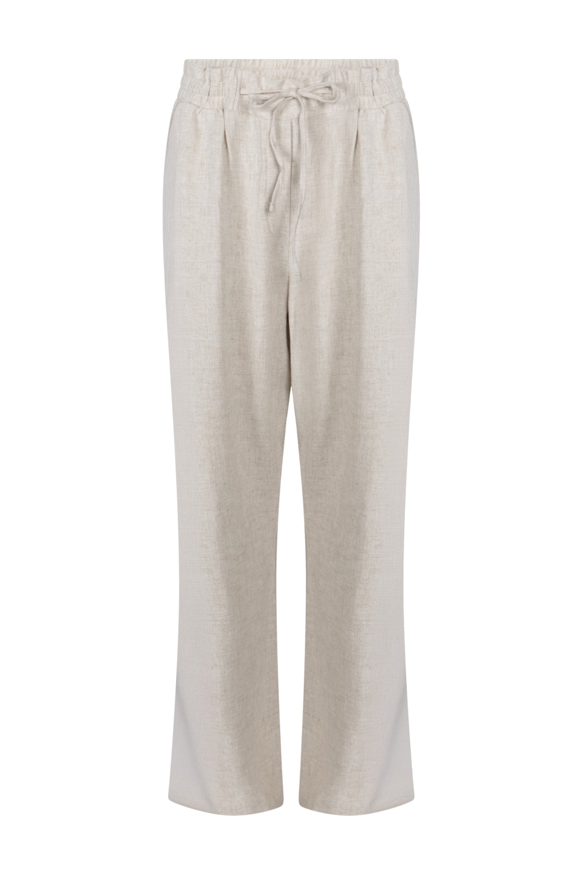 Zoso Denise beige broek voor dames, stof met elastische taille en rechte pasvorm, gedragen door een model.