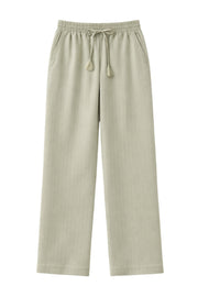 Elvira Casuals Jessie Sage Stripe linnen broek met smalle strepen en elastische taille, geschikt voor casual en zomerse looks
