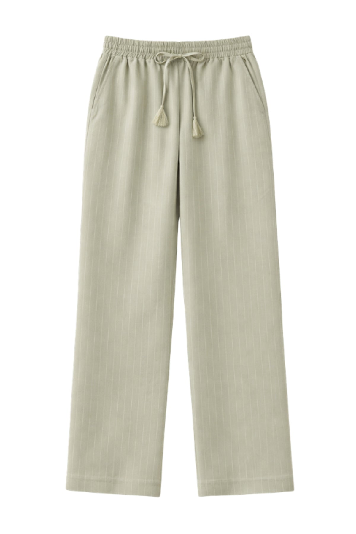 Elvira Casuals Jessie Sage Stripe linnen broek met smalle strepen en elastische taille, geschikt voor casual en zomerse looks
