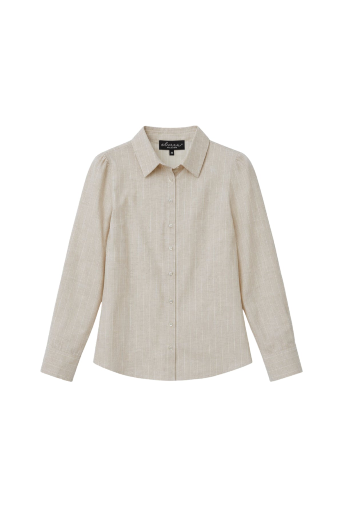 Linnen blouse Jessie Sand Stripe van Elvira Casuals met zandkleurige en streepdetails, gedragen door een model.
