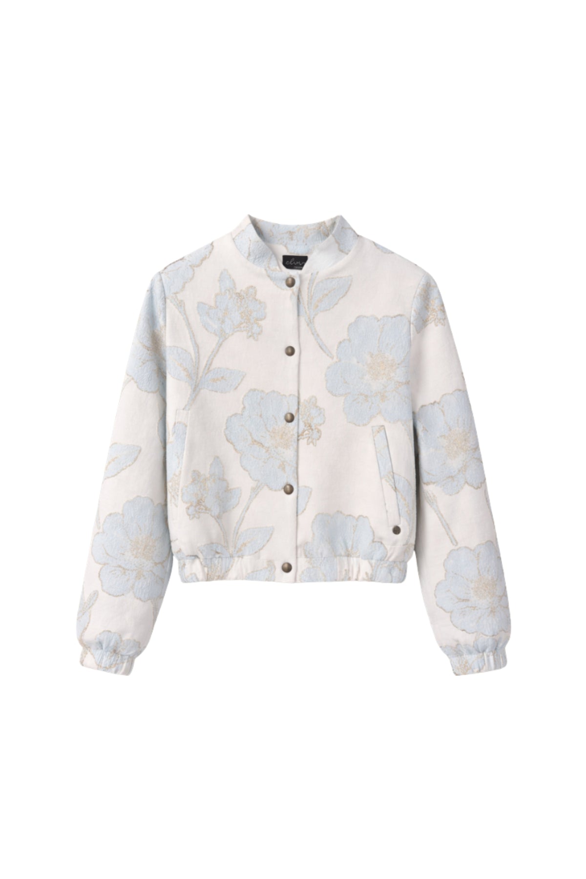 Bomber Lesley Blue Flowers van Elvira Casuals, blauw met bloemendessin, getoond in close-up afbeelding.