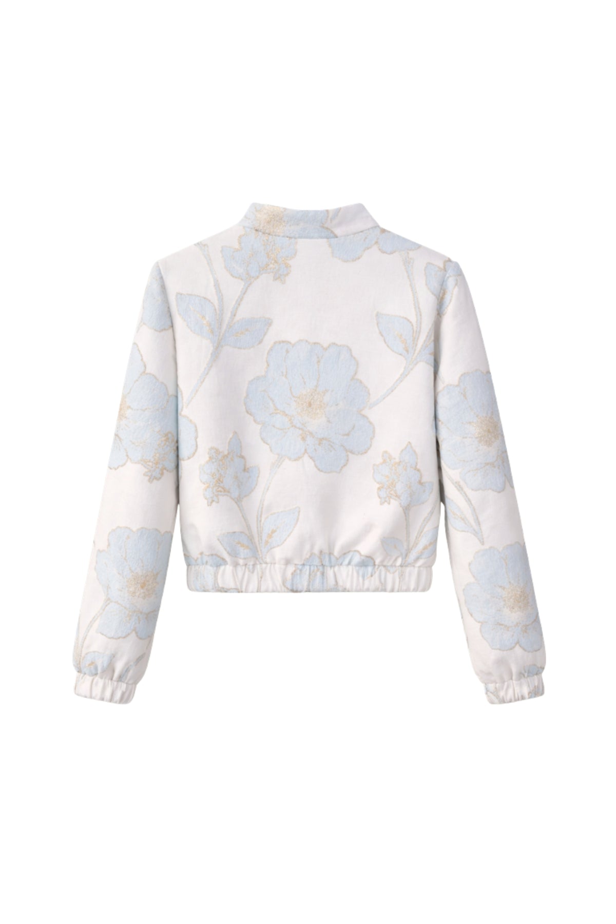Blauwe bomberjack met bloemenprint van Elvira Casuals, model Lesley, gedragen door een model, close-up van de print en pasvorm.