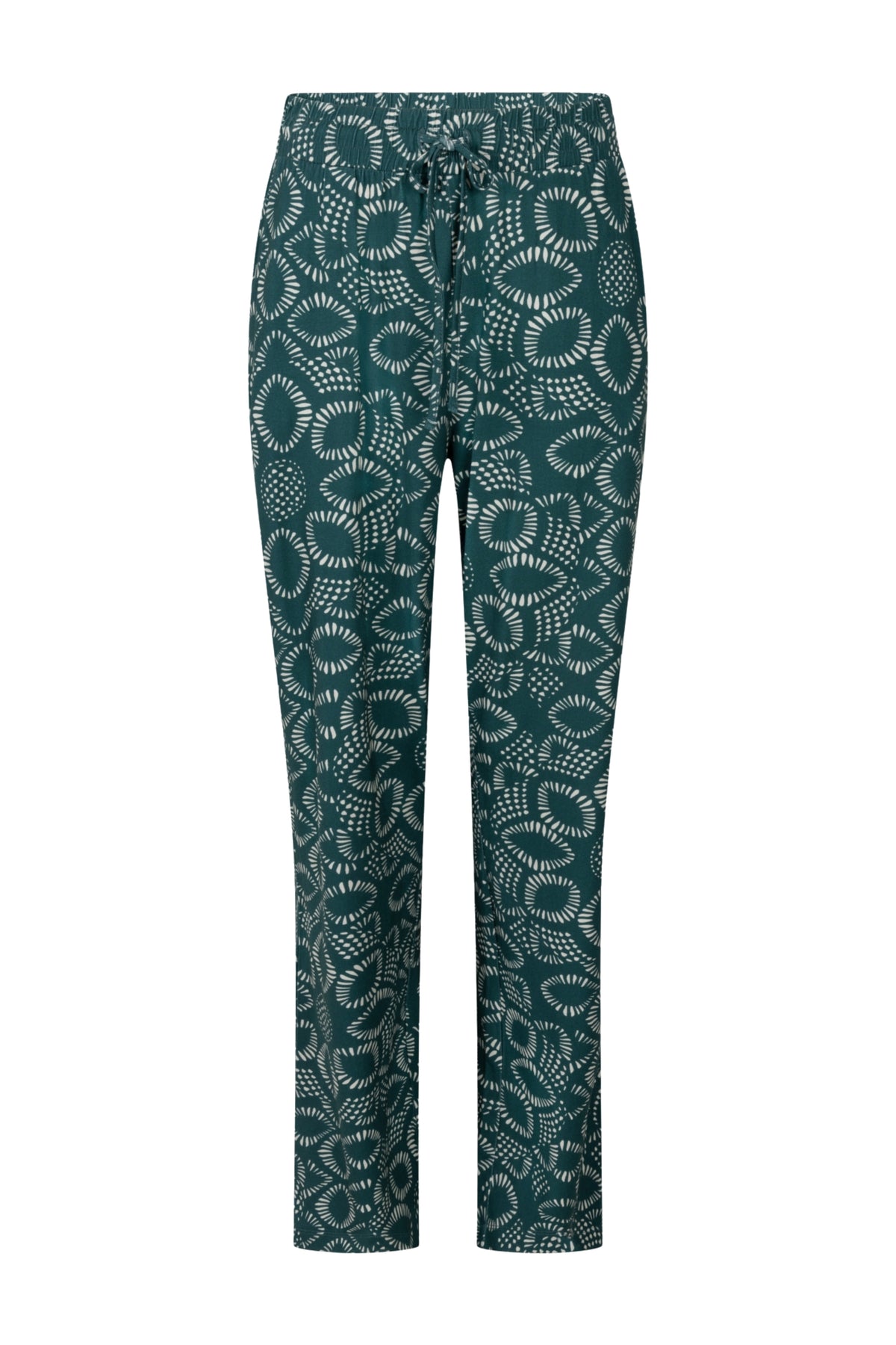 Groene Zoso Kim broek met rechte snit en elastische taille op een model, close-up van de stof en pasvorm.