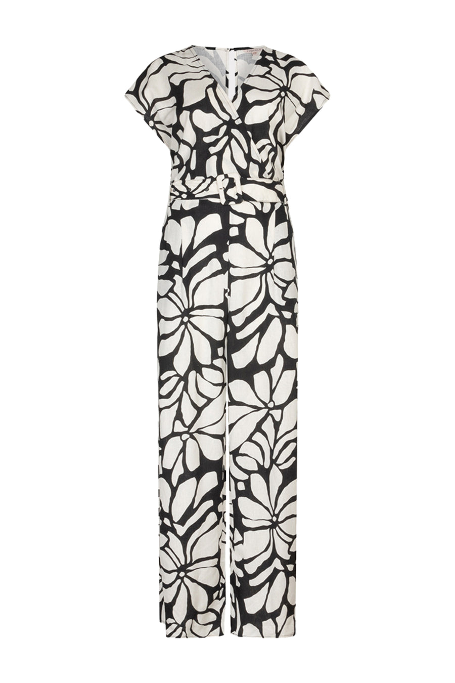 EsQualo jumpsuit Sunset Print met bloemenprint en strapless design, gedragen door model met halternek en losse pasvorm.