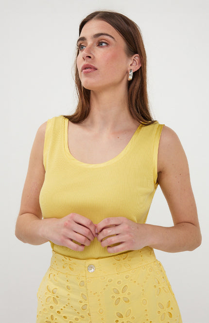 EsQualo Top Satin Binding Rib Knit Lemon HS26.30208 Stretchshop.nl