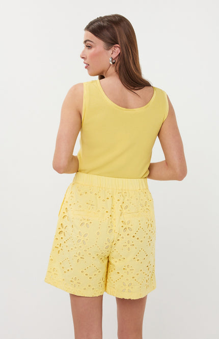 EsQualo Top Satin Binding Rib Knit Lemon HS26.30208 Stretchshop.nl