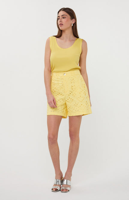 EsQualo Top Satin Binding Rib Knit Lemon HS26.30208 Stretchshop.nl