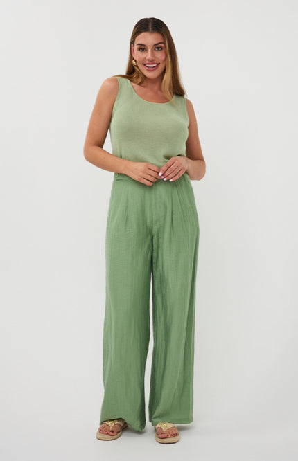 EsQualo Broek Wide Light Crinkle Jungle Green HS26.14216 Stretchshop.nl