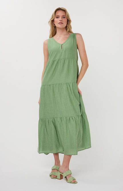 EsQualo Jurk Maxi Light Crinkle Jungle Green HS26.14214 Stretchshop.nl