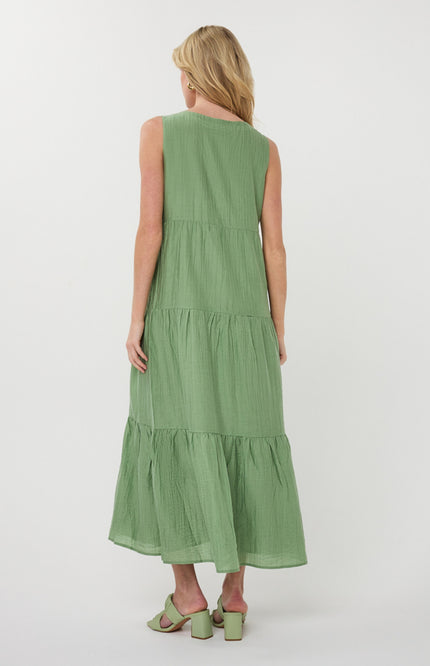 EsQualo Jurk Maxi Light Crinkle Jungle Green HS26.14214 Stretchshop.nl