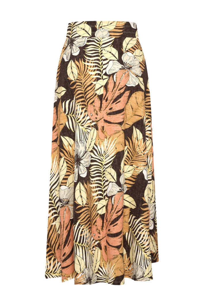 Mi Piace reisrok met botanische print in espresso kleur, stijlvolle en comfortabele travel rok voor dames.