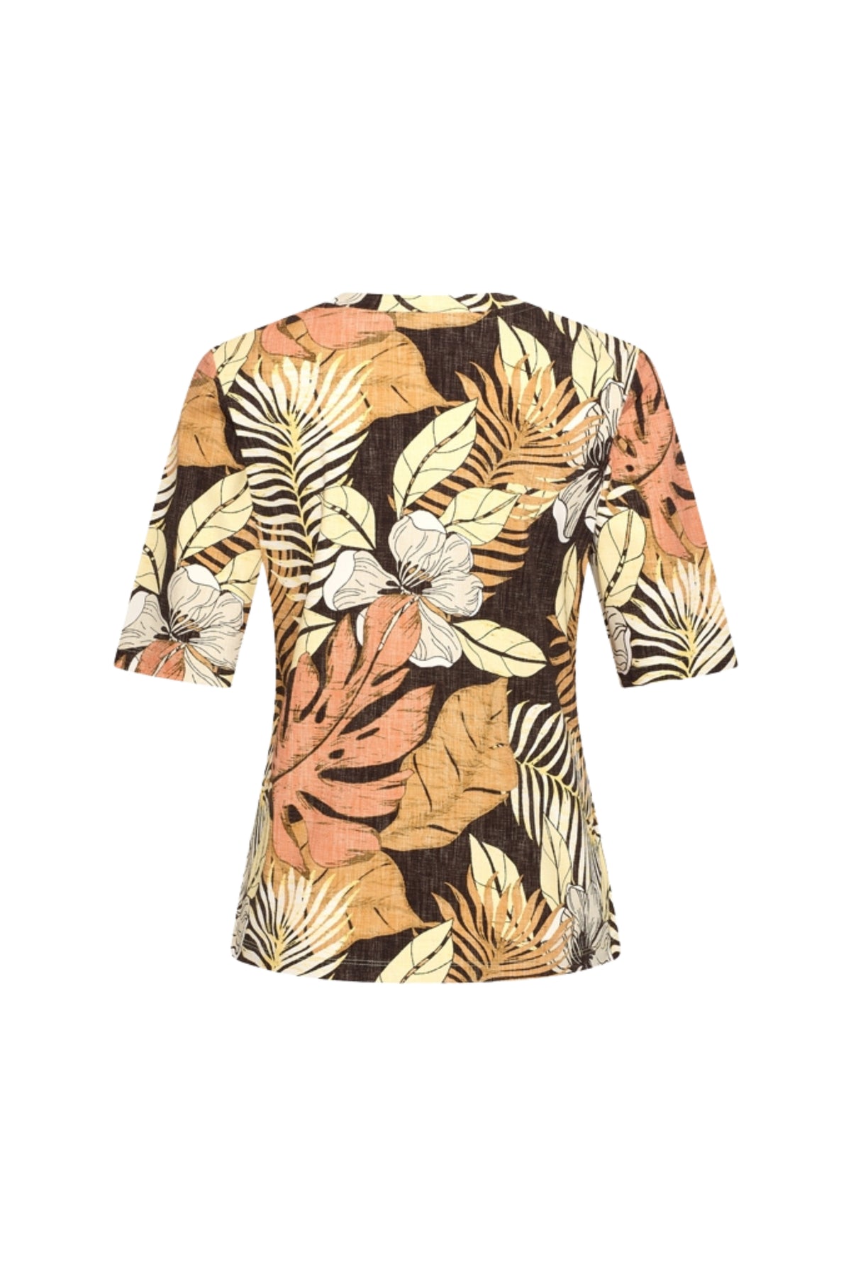 Mi Piace Travel Top met botanische print in espresso, stijlvolle en comfortabele top voor reizen en casual dragen.