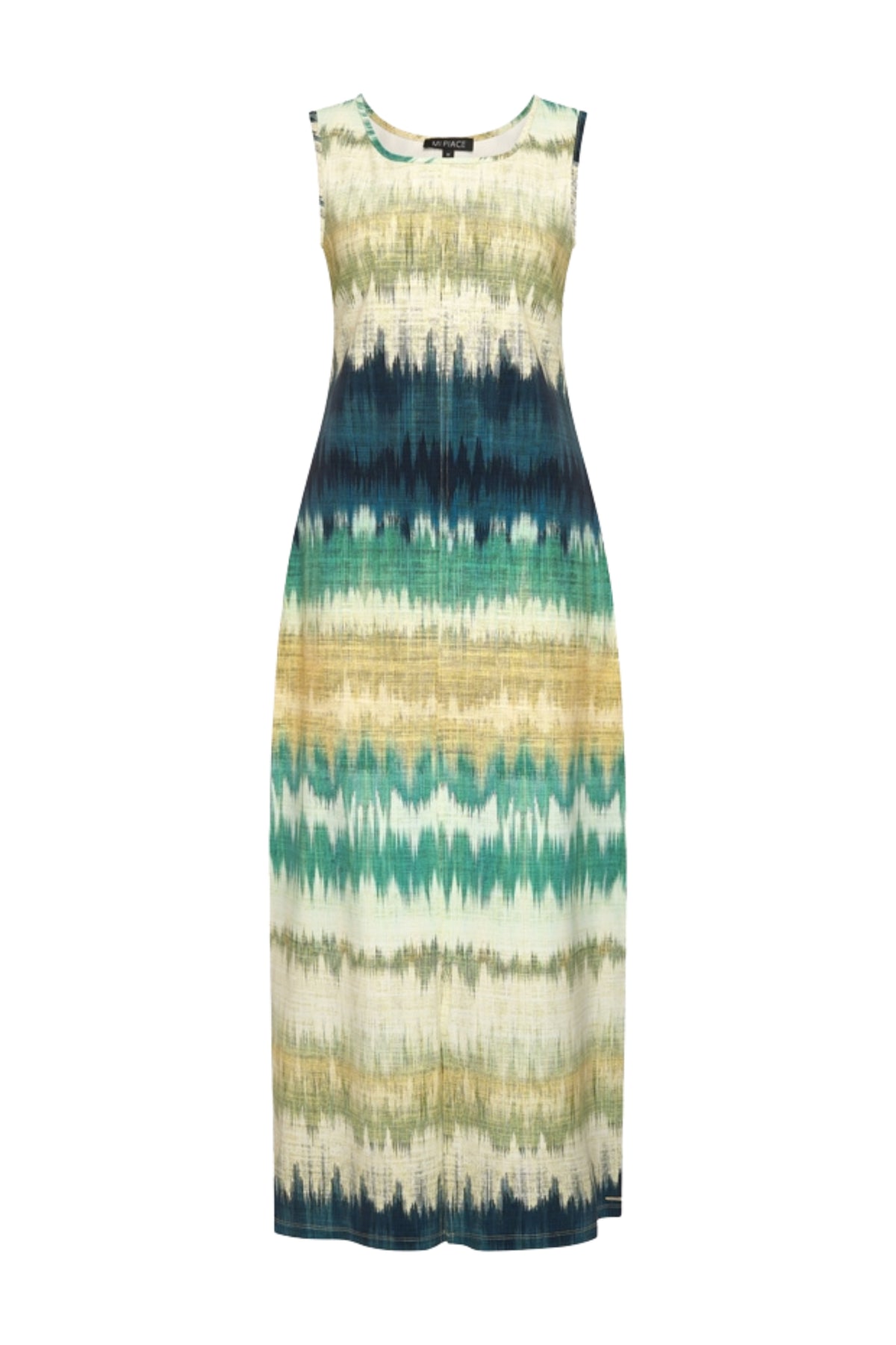 Lieve pistachegroene travel jurk van Mi Piace met ikat streeppatroon en strakke pasvorm, perfect voor zomerse dagen.
