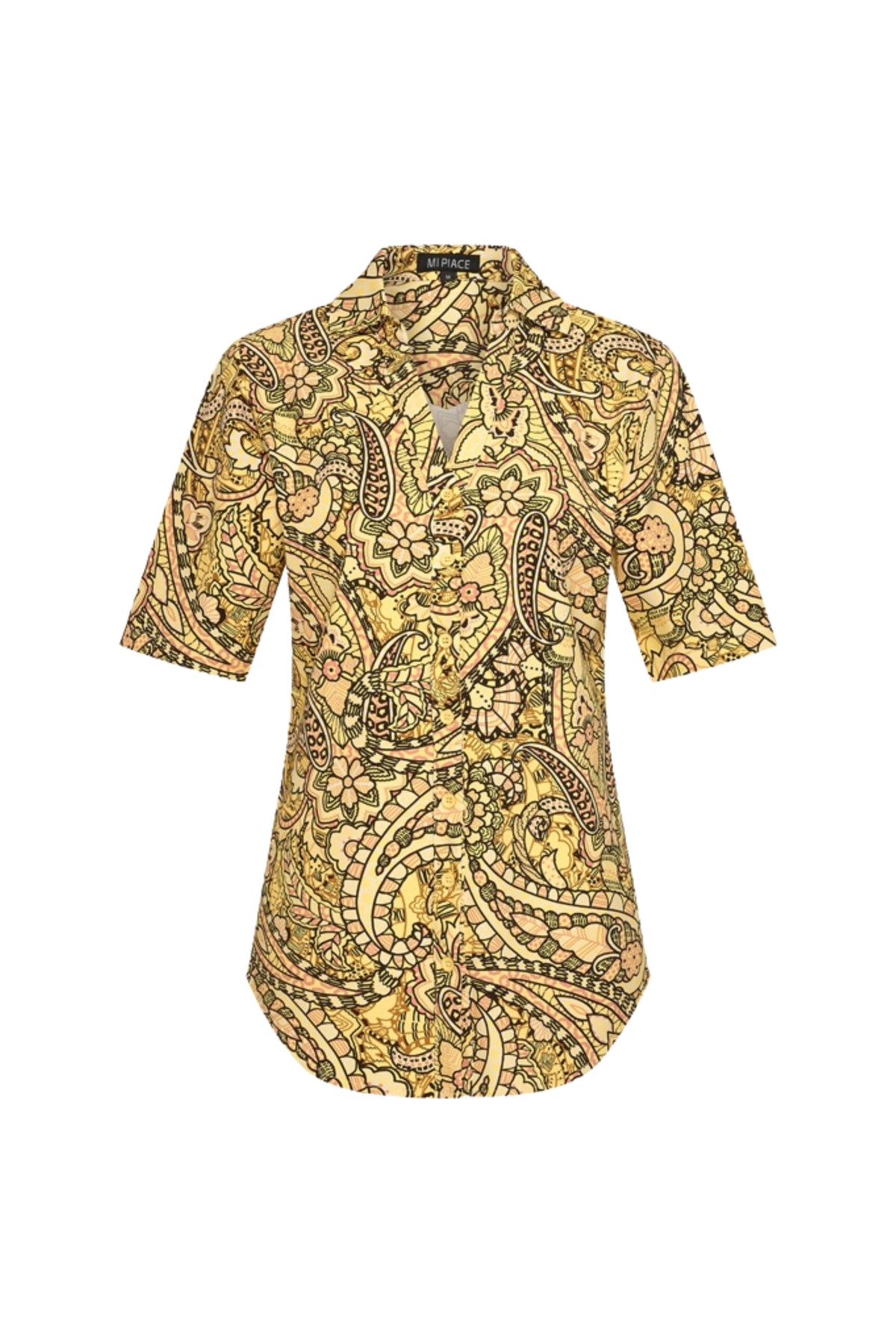 Lieve zomerblouse van Mi Piace met paisley print en citroengele kleur, geschikt voor reizen en zomerse dagen.