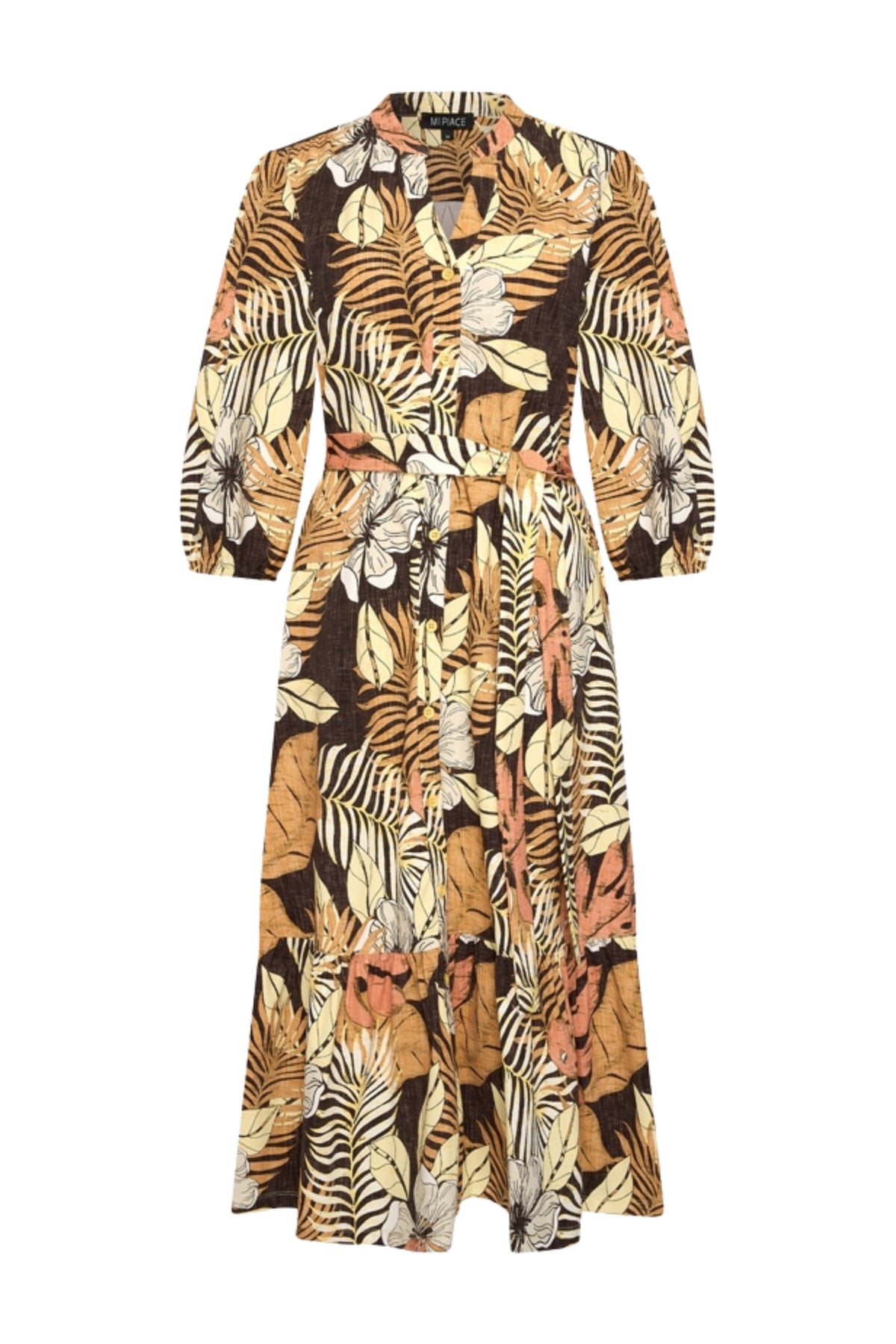 Mi Piace reisjurk met botanisch print, espressokleurige jurk met elegante snit en bloemenmotief, geschikt voor onderweg.