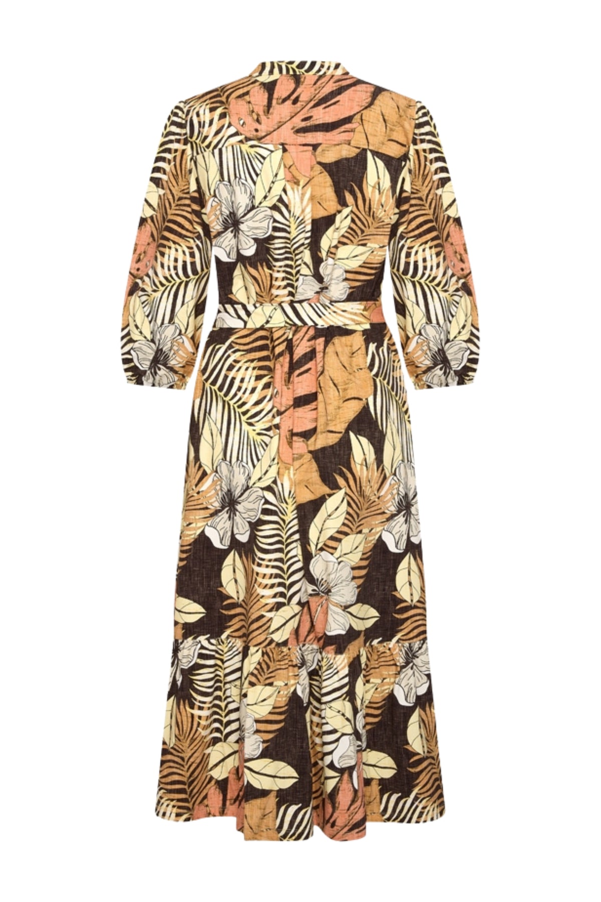 Elegante Travel Jurk van Mi Piace met botanisch print, espressokleur en vloeiende pasvorm, geschikt voor reizen en casual gelegenheden.