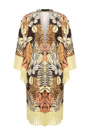 Mi Piace reiskimono met botanisch dessin in espressokleur, zacht en comfortabel voor reizen en ontspanning.