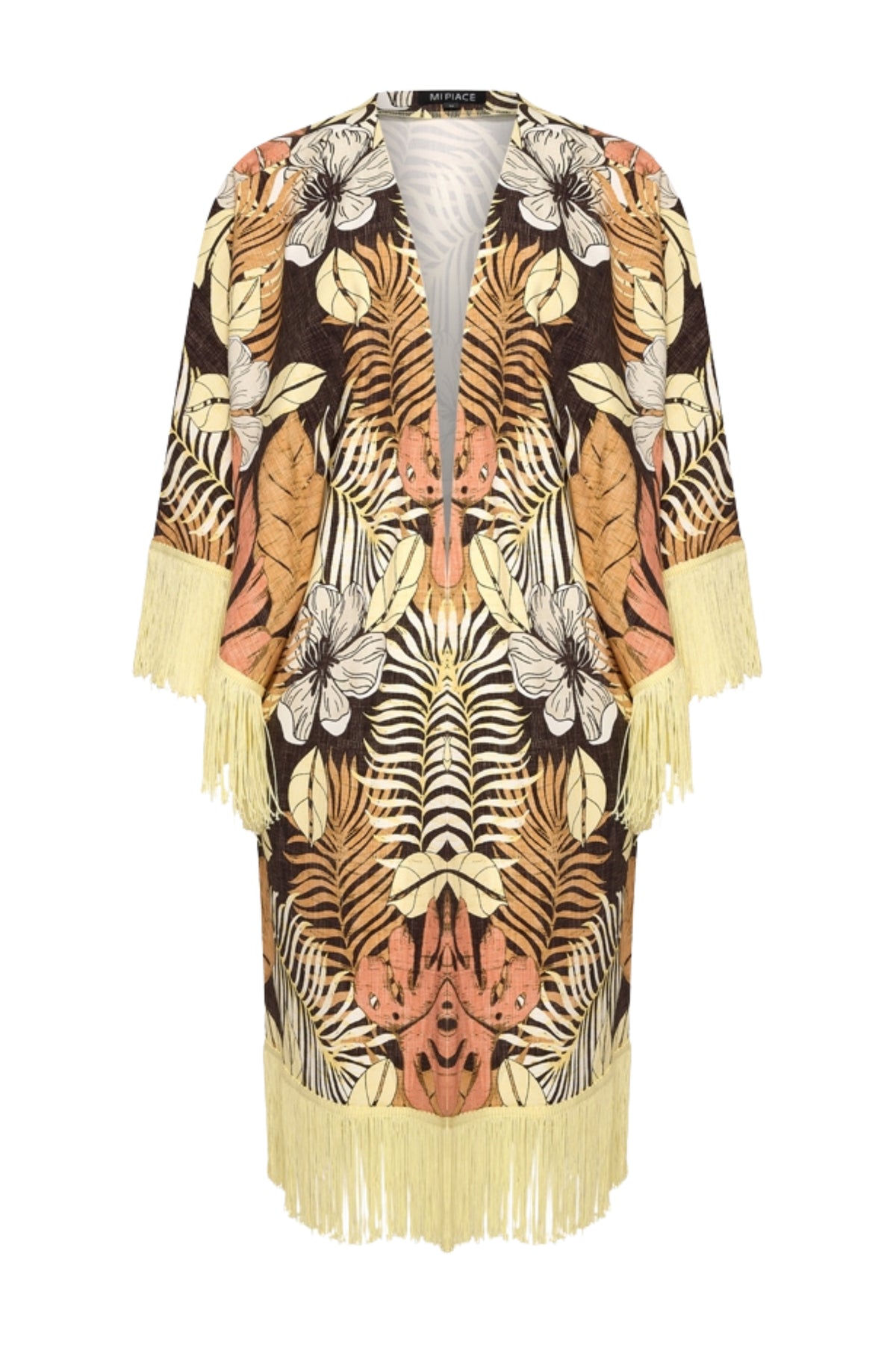 Mi Piace reiskimono met botanisch dessin in espressokleur, zacht en comfortabel voor reizen en ontspanning.