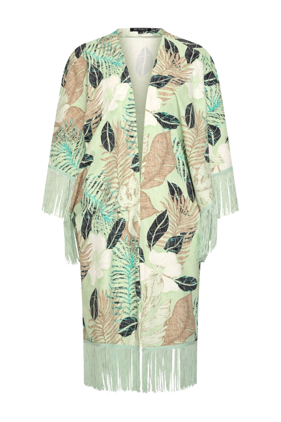 Mi Piace travel kimono met botanisch print in pistachekleur, luchtige stof en comfortabele pasvorm voor reizen en ontspannen.